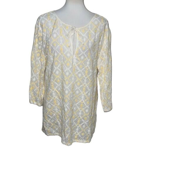 Tommy Bahama Cotton Embroidered Tunic Top White Yellow Coastal Sz XL X-Large - Picture 1 of 7